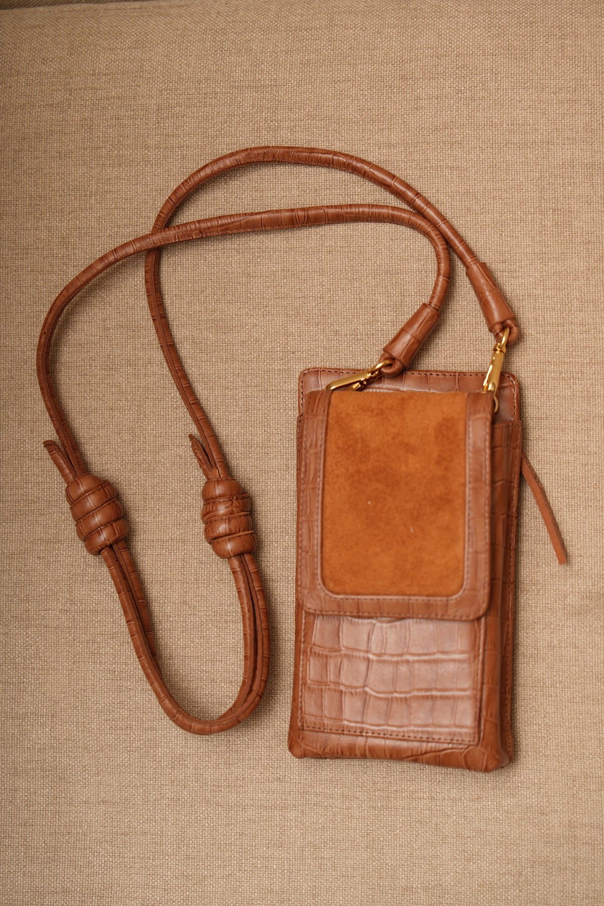 Bolsa Maria Lúcia - Couro Croco e Camurça Caramelo