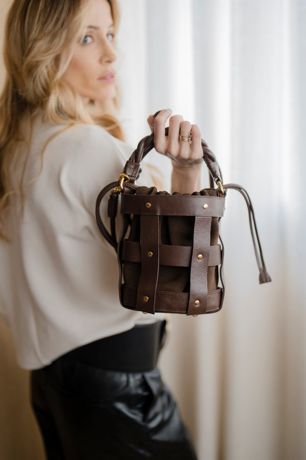 Bolsa Lira Couro e Camurça na Cor Brown