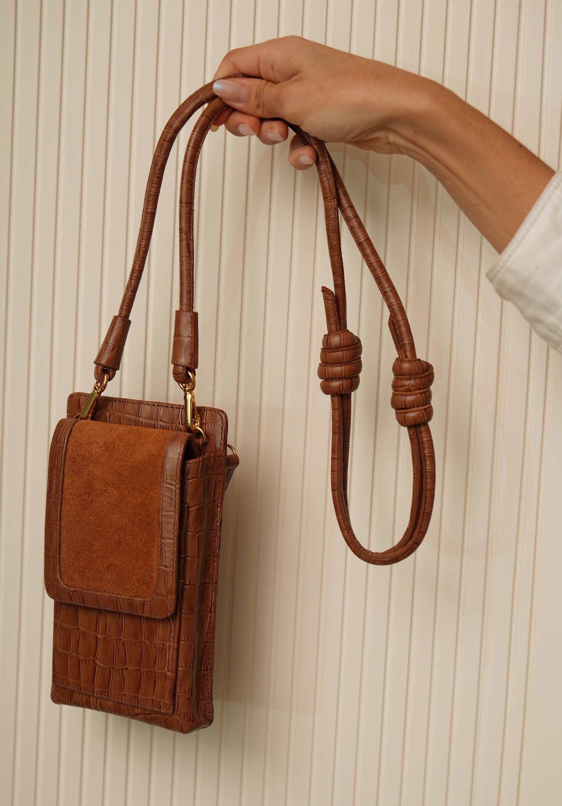 Bolsa Maria Lúcia - Couro Croco e Camurça Caramelo