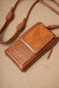 Bolsa Maria Lúcia - Couro Croco e Camurça Caramelo