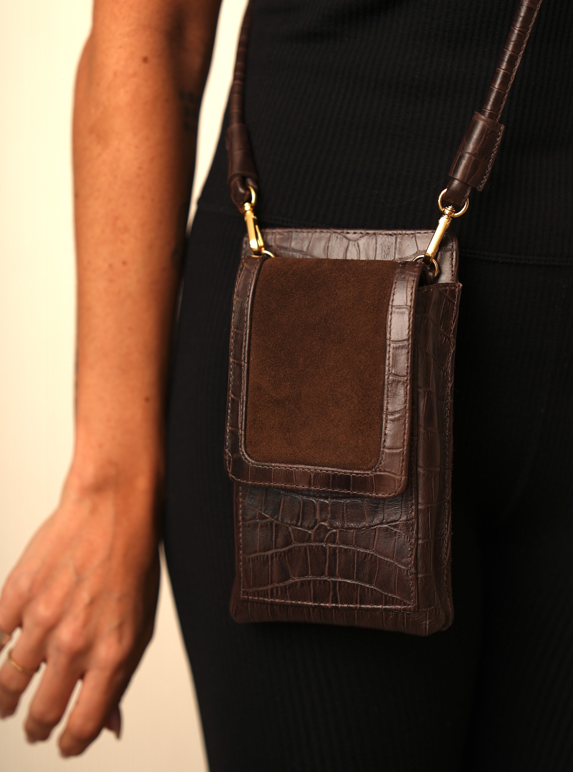 Bolsa Maria Lúcia -Couro Croco e Camurça Brown