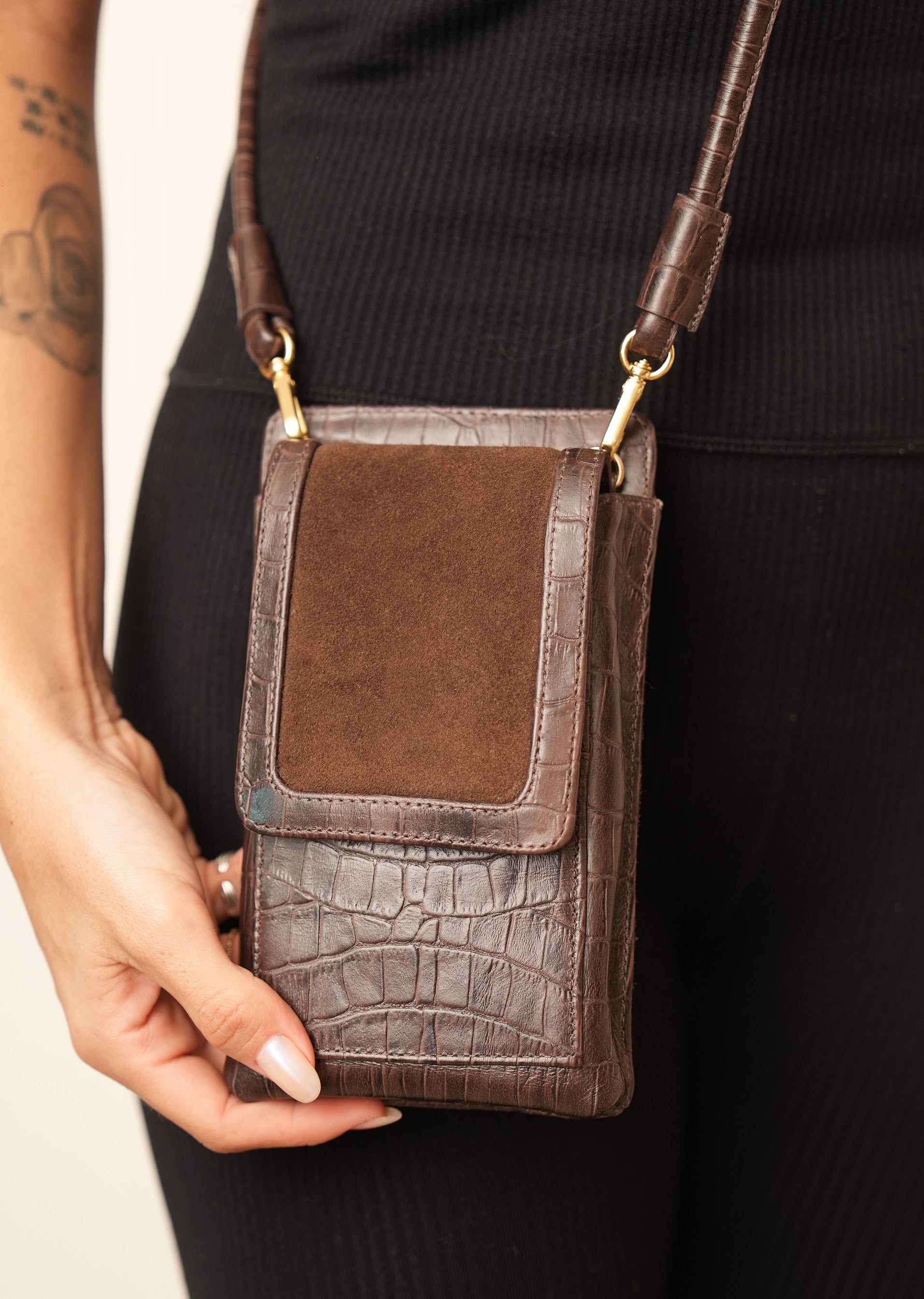 Bolsa Maria Lúcia -Couro Croco e Camurça Brown