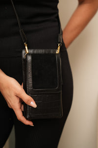 Bolsa Maria Lúcia - Couro Croco e Camurça Preta