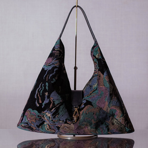 Bolsa Carolina Velvet Jacquard com couro Preto Intenso