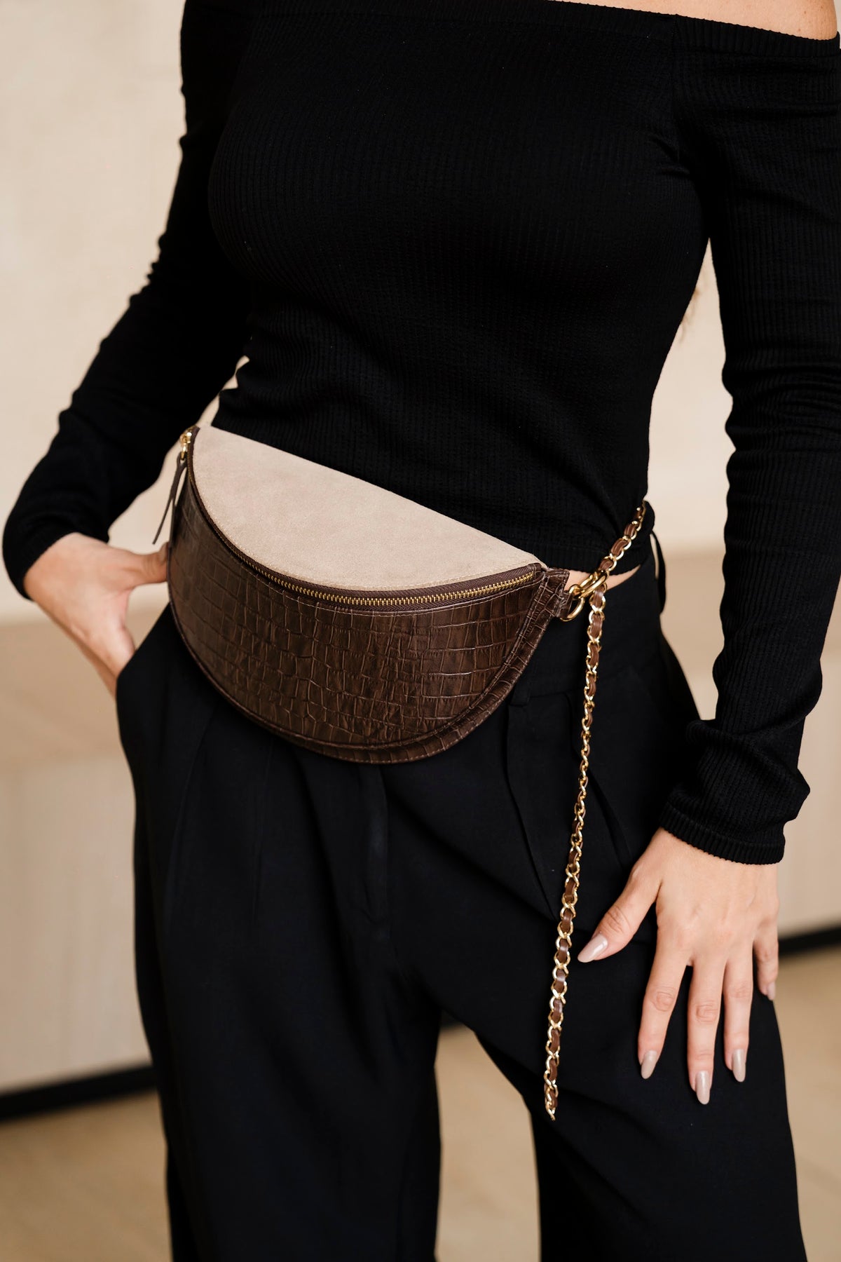 Pochete Helena – Croco Brown & Camurça Taupe