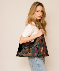 Bolsa Carolina Velvet Jacquard com couro Preto Intenso