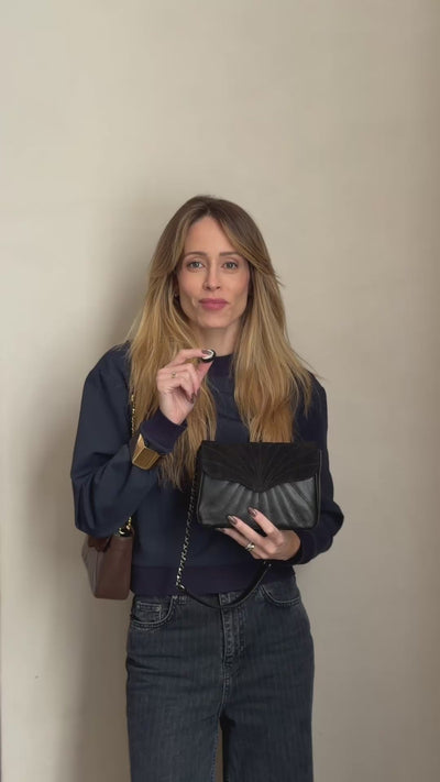 Vídeo do produto Bolsa Maíza Couro e Camurça na cor Preta